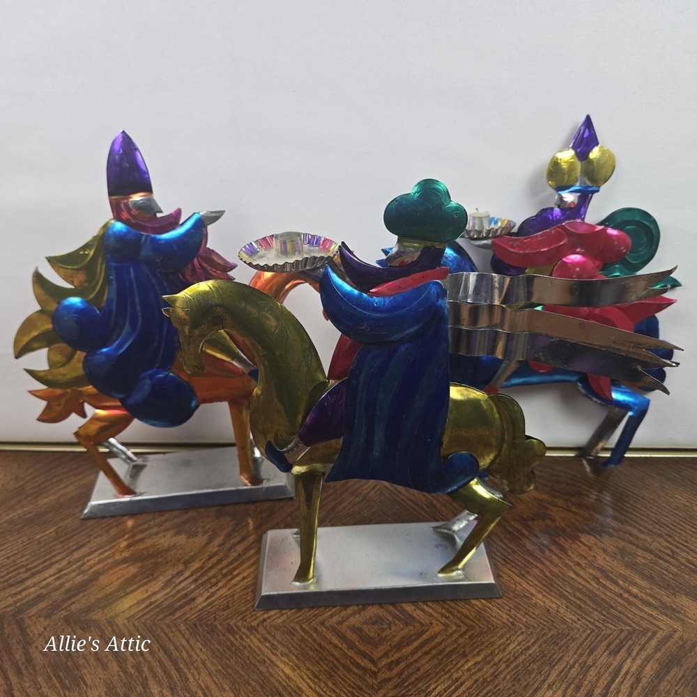 Punched Tin Folk Art Vintage Christmas Decor 3 Wise Men Horse Candle Colorful